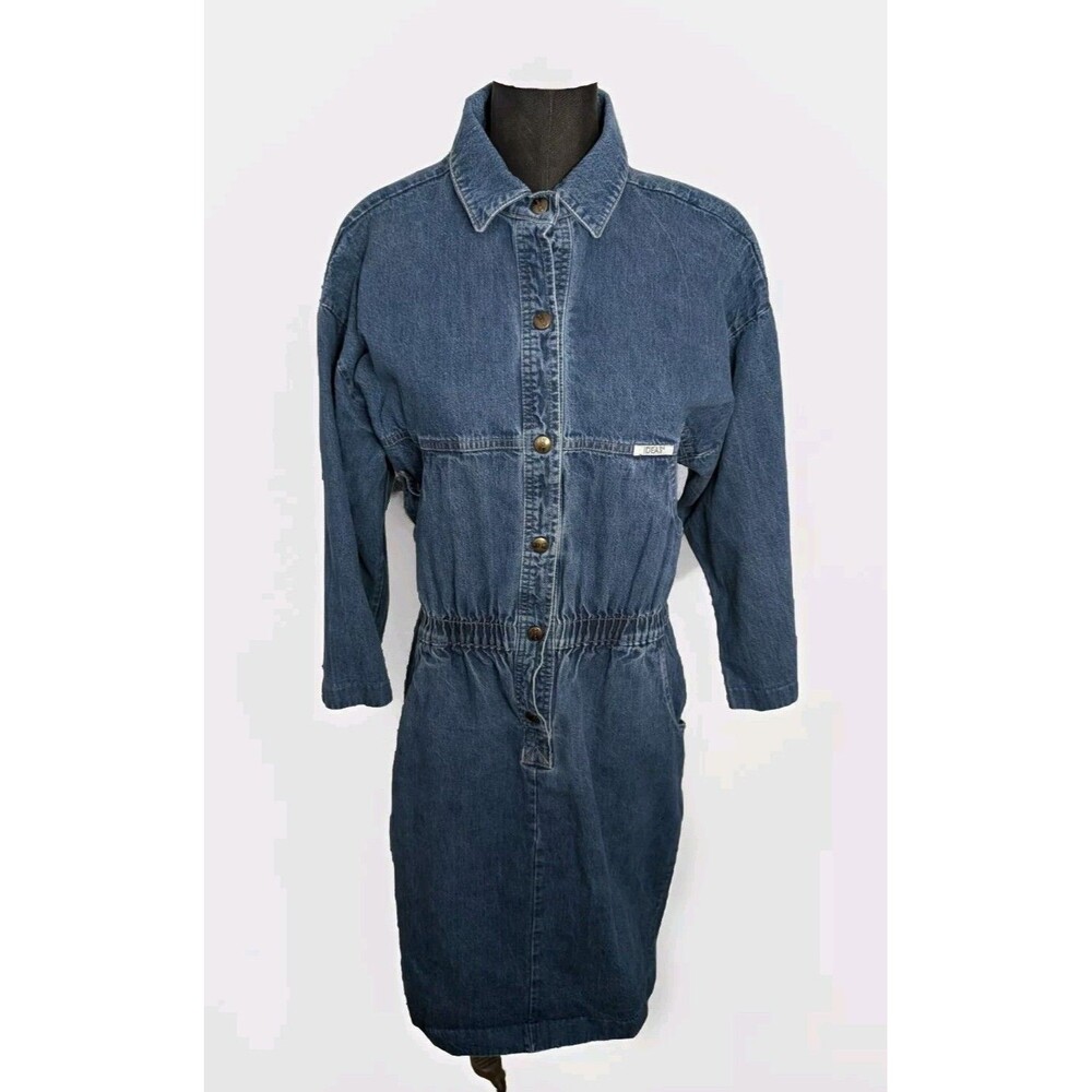 Vintage 1980s IDEAS Denim Jumpsuit Made In USA Medium Excellent Snap 3/4 Sleeves